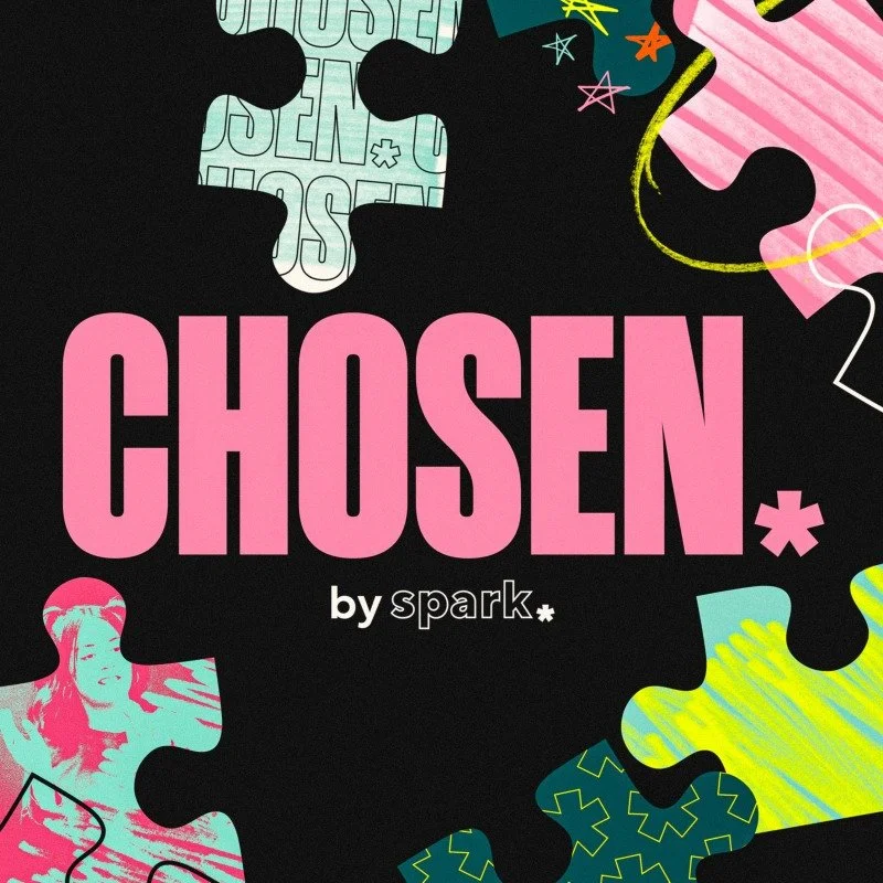 Colorful puzzle pieces surrounding text that says "CHOSEN*" in large pink letters and "by spark." in smaller white letters on a black background.