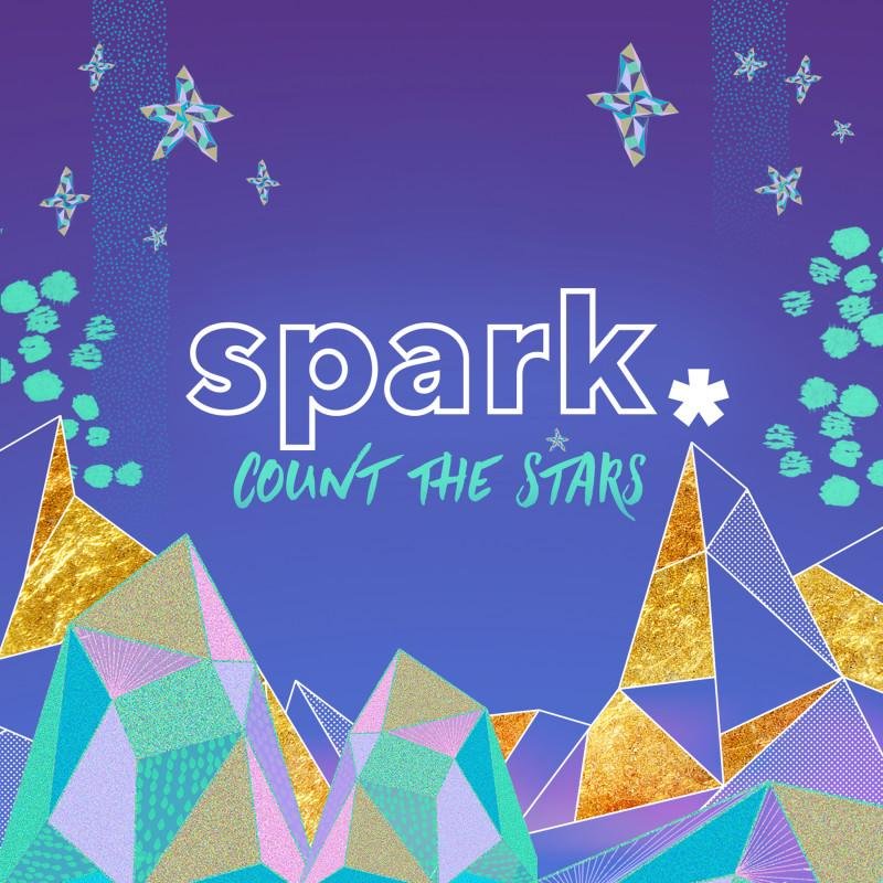 Colorful abstract mountain range with geometric shapes, Starry sky, and text 'spark' with a star symbol, and 'Count the Stars' on a purple background.