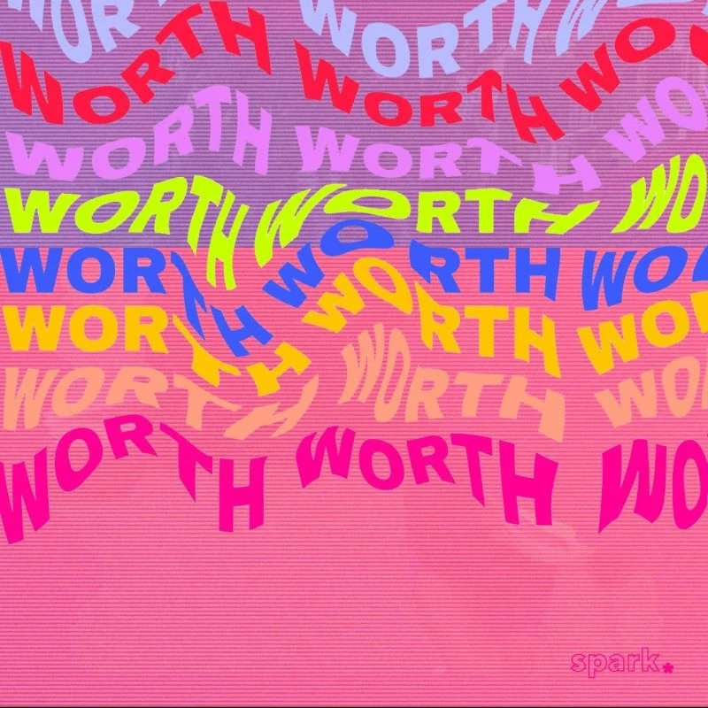 Colorful abstract background with the word 'WORTH' repeated in various colors, fonts, and sizes, creating a swirling pattern over a pink gradient background.