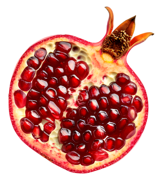 A pomegranate cut open, revealing its red seeds inside.