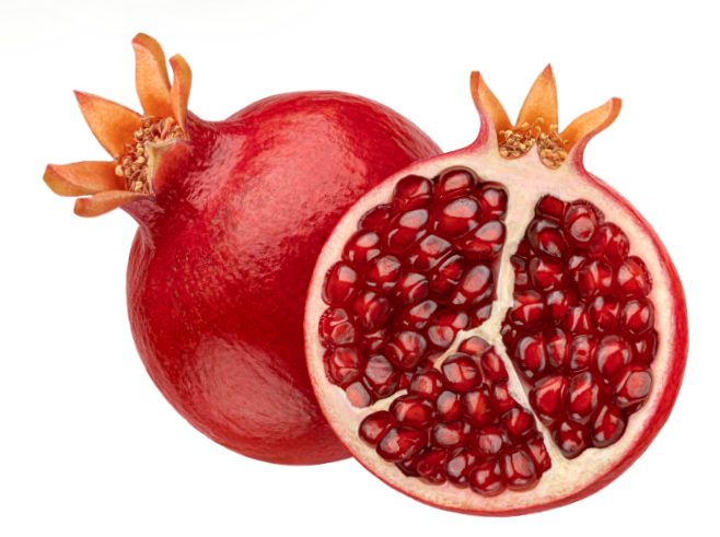 Whole pomegranate with its top cut open to reveal red seeds inside.