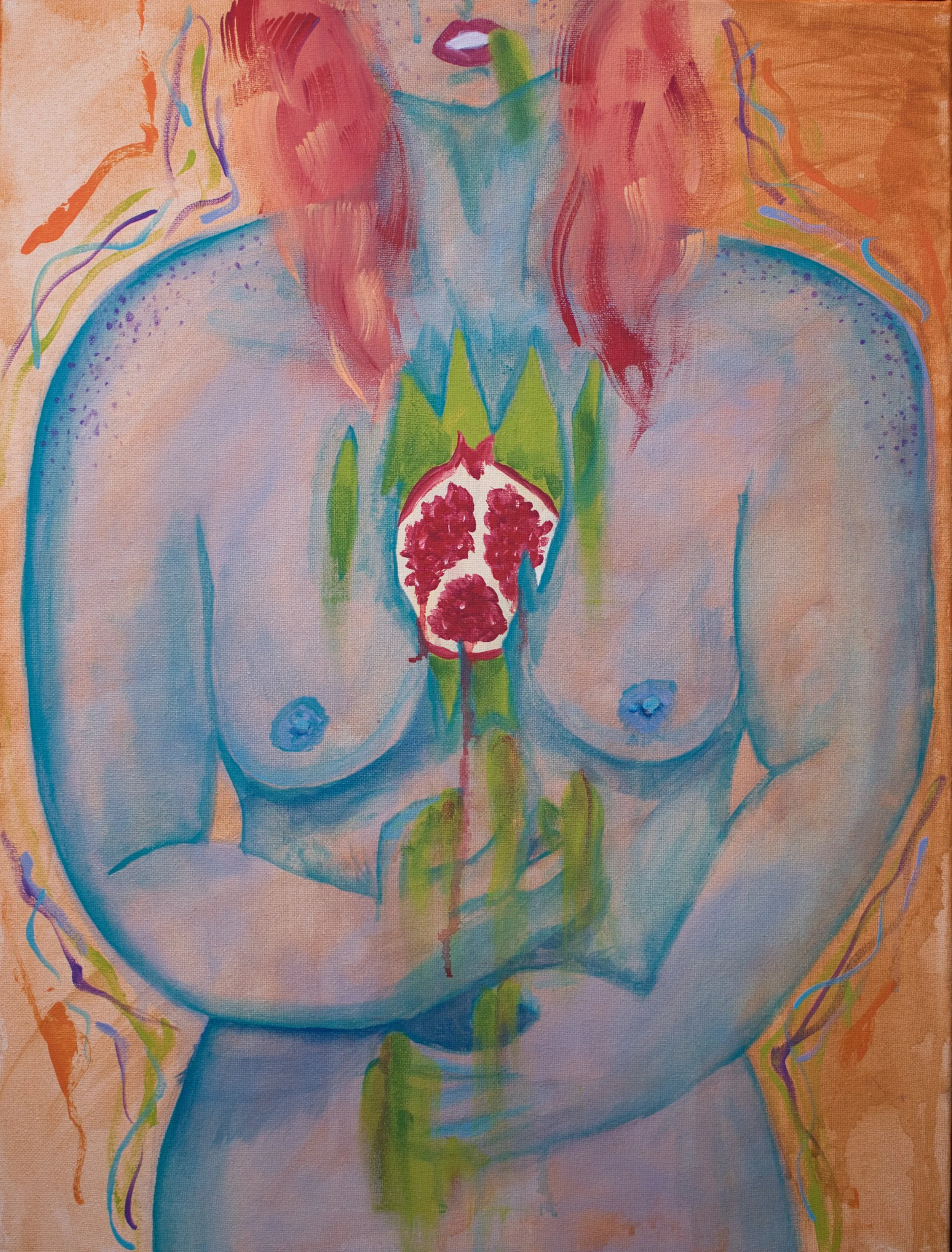 An abstract painting of a nude woman with red hair holding a pomegranate in front of her bare chest with dripping green juice, set against a peach-colored background with colorful accents.