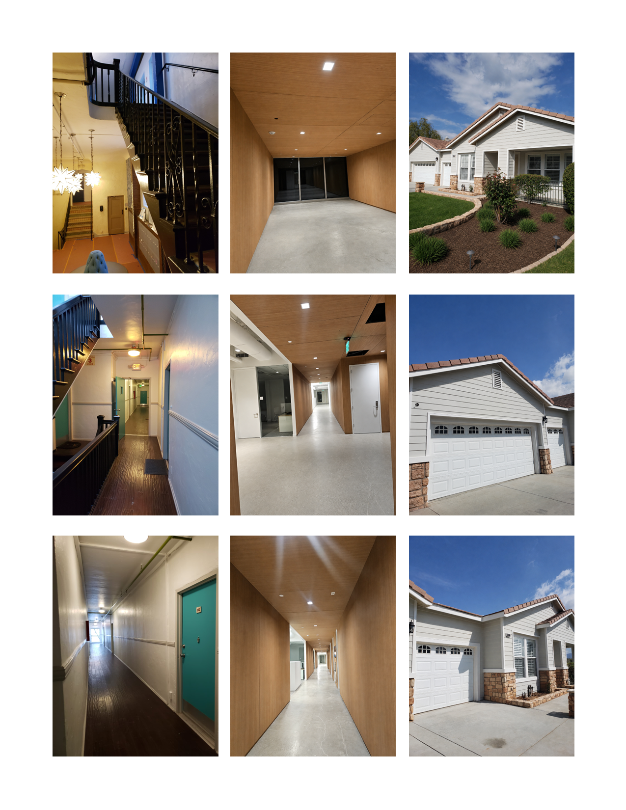Collage of nine images featuring residential and commercial building interiors and exteriors, including hallways, staircases, lobbies, a garage, and house front yards.