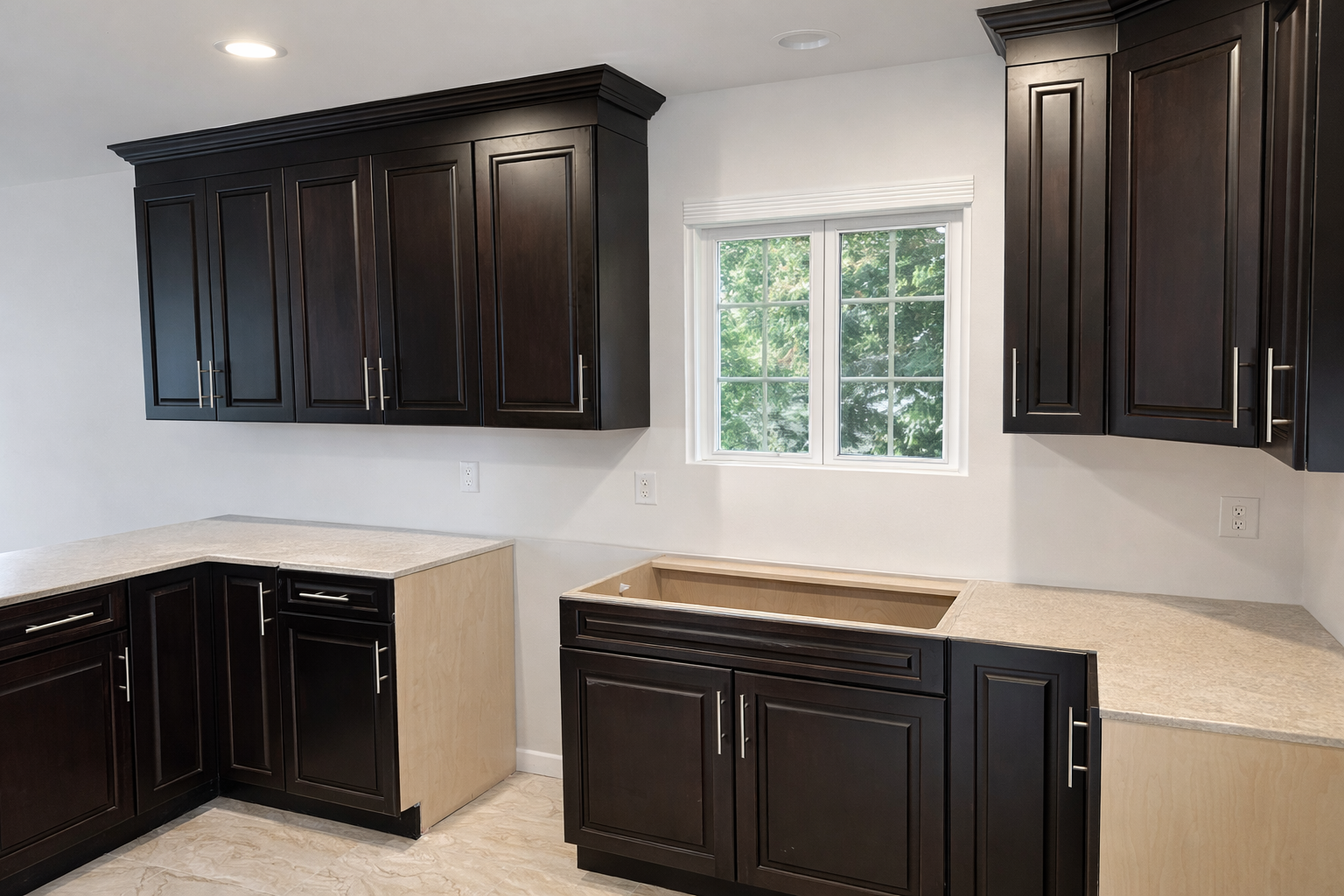Kitchen with dark wooden cabinets, a window overlooking greenery, and beige countertops, with some cabinet doors missing.