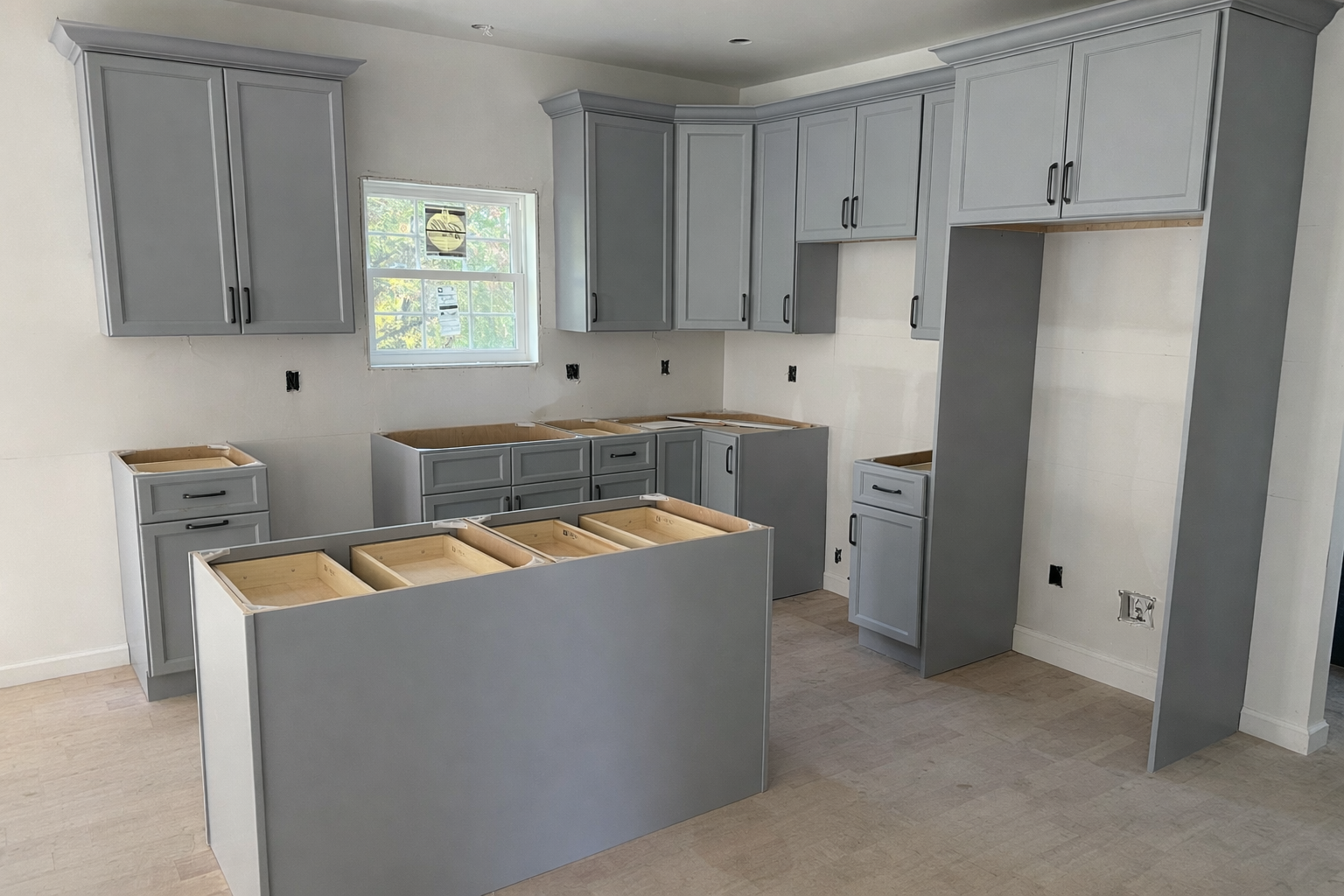 Kitchen under construction with light gray cabinetry, a window above the countertop, and an unfinished island. The walls are white, and the floor is light wood.