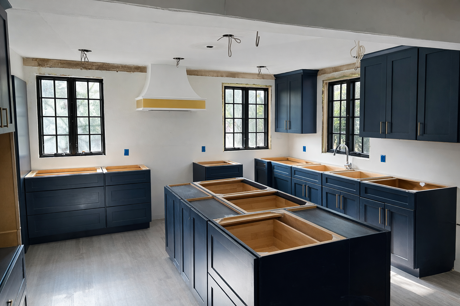 Kitchen under construction with blue cabinets, no countertops installed, three windows, and a white range hood.