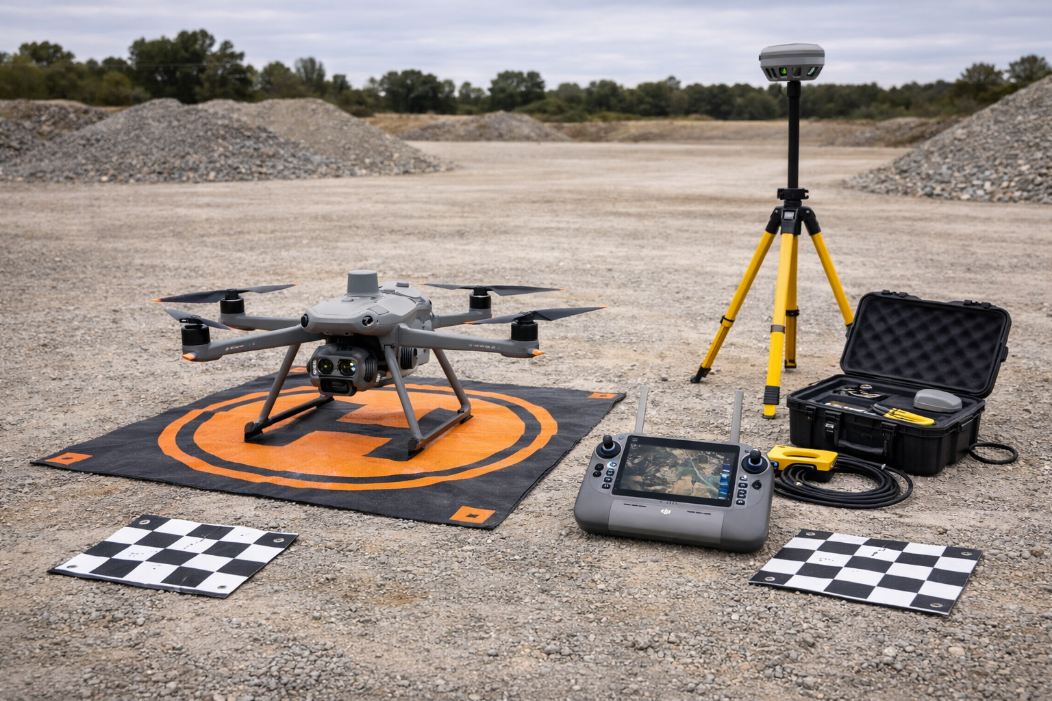 Drone surveying setup on gravel site.png