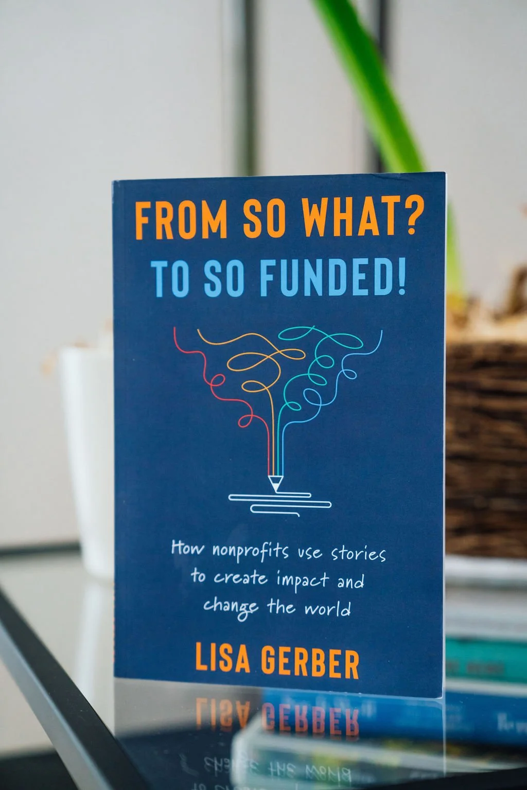 Book titled "From So What? To So Funded!" by Lisa Gerber, discussing how nonprofits use stories to create impact and change the world, with a graphic of colorful swirling lines coming out of a pencil.
