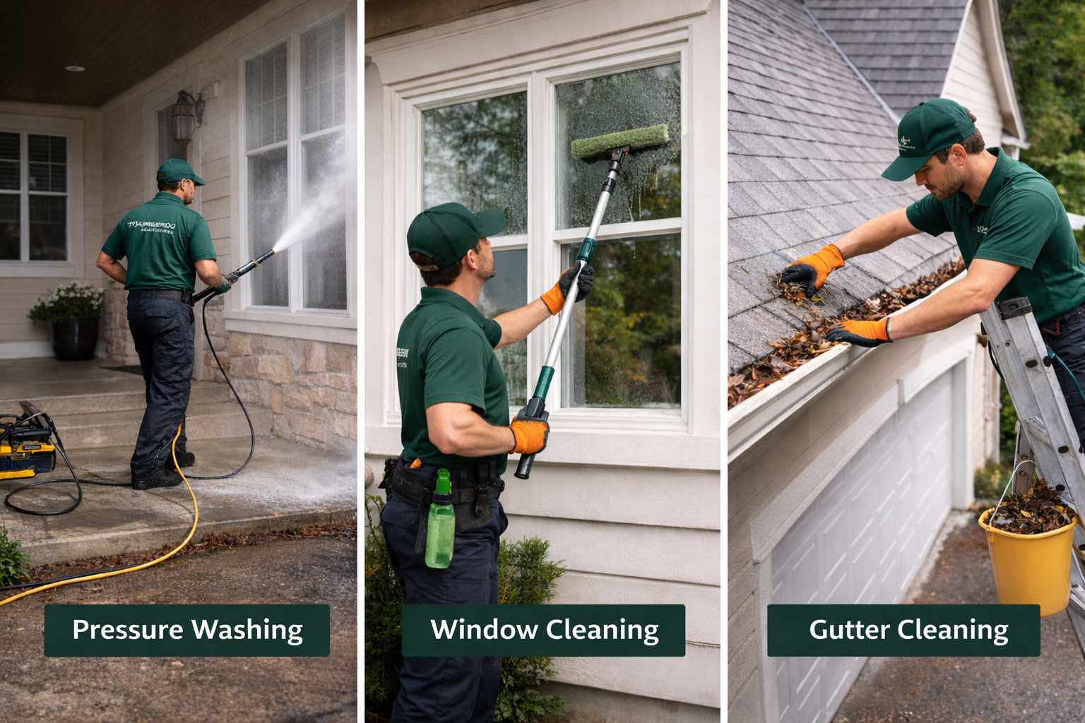 A collage of three images showing residential exterior cleaning tasks. The first image shows a man pressure washing the front steps of a house. The second image shows a man cleaning a window with a water-fed pole. The third image shows a man cleaning