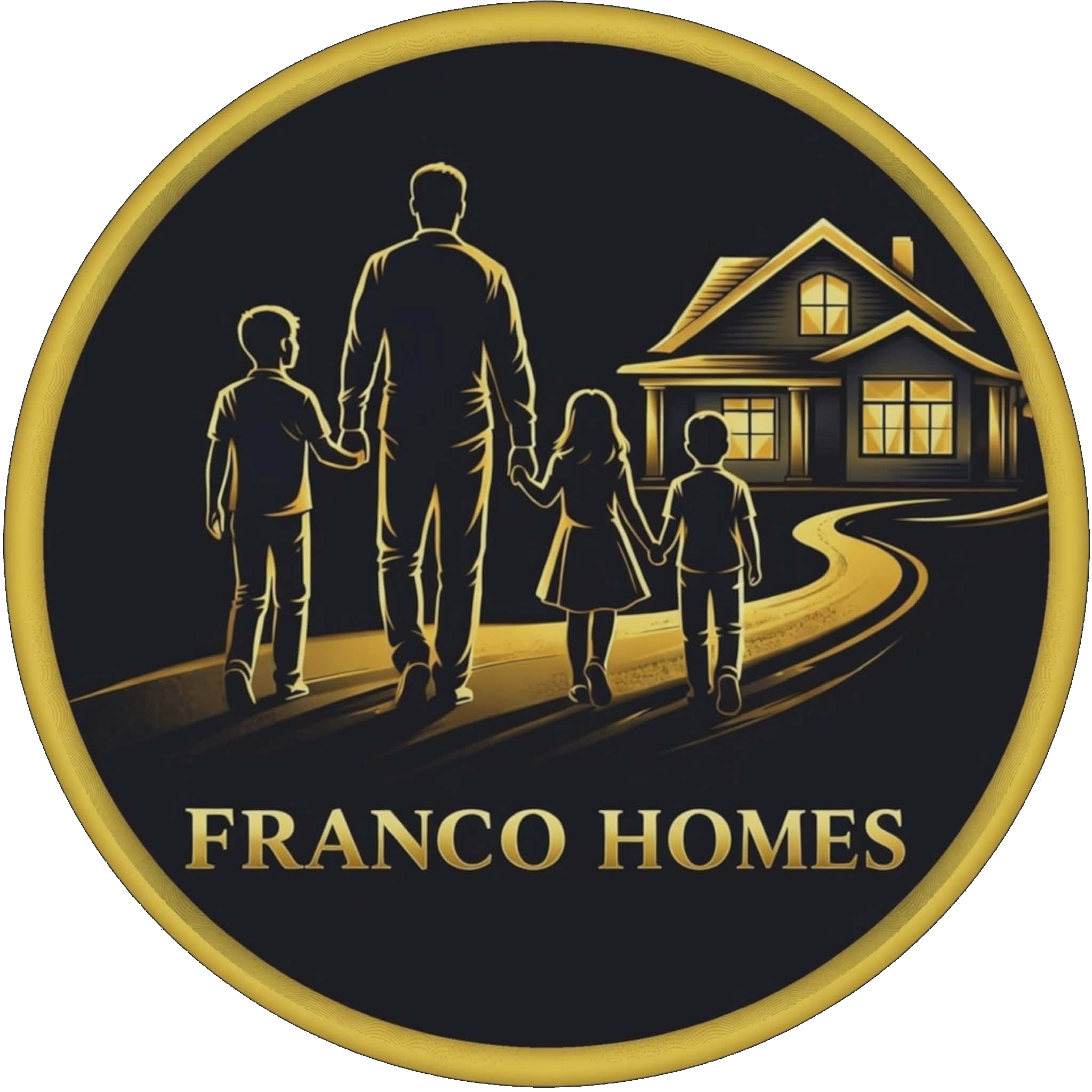 A black and gold logo with a family holding hands, walking towards a house with lit windows. The logo features the text 'FRANCO HOMES' at the bottom.