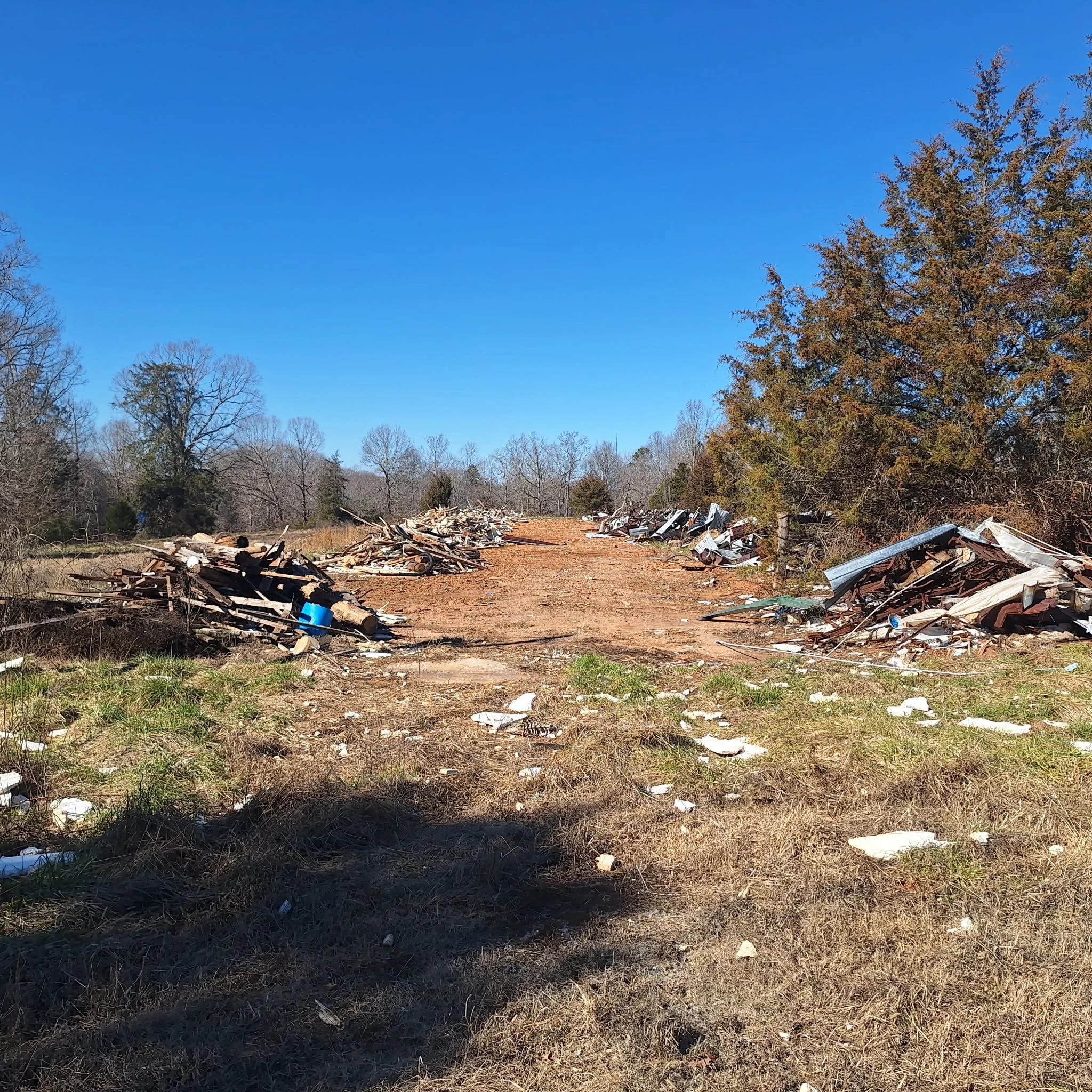 A dirt road with debris and scattered trash along the sides, flanked by leafless and evergreen trees under a clear blue sky.