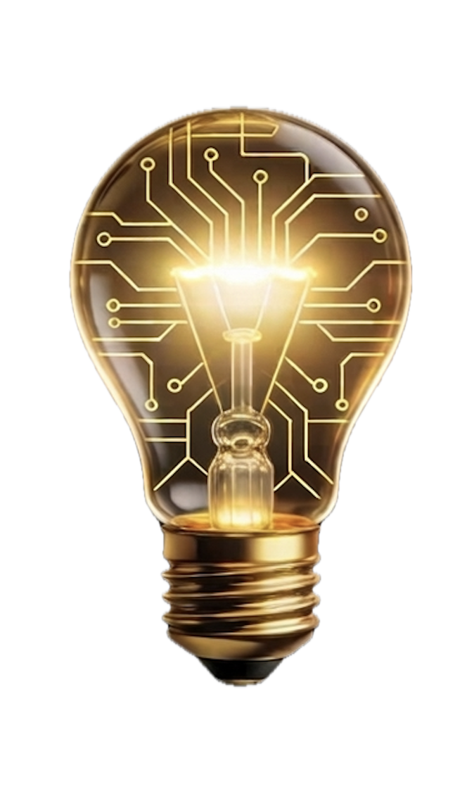 A glowing incandescent light bulb with gold circuit-like lines inside, set against a black background.