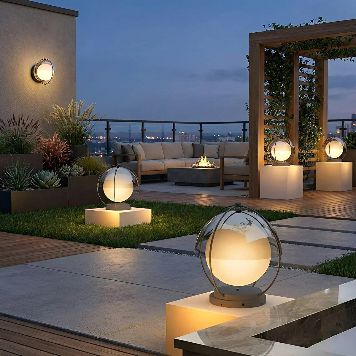 A rooftop patio at dusk with modern outdoor furniture, decorative plants, and glowing spherical lamps on pedestals and the ground, creating a cozy ambiance with city lights in the distance.
