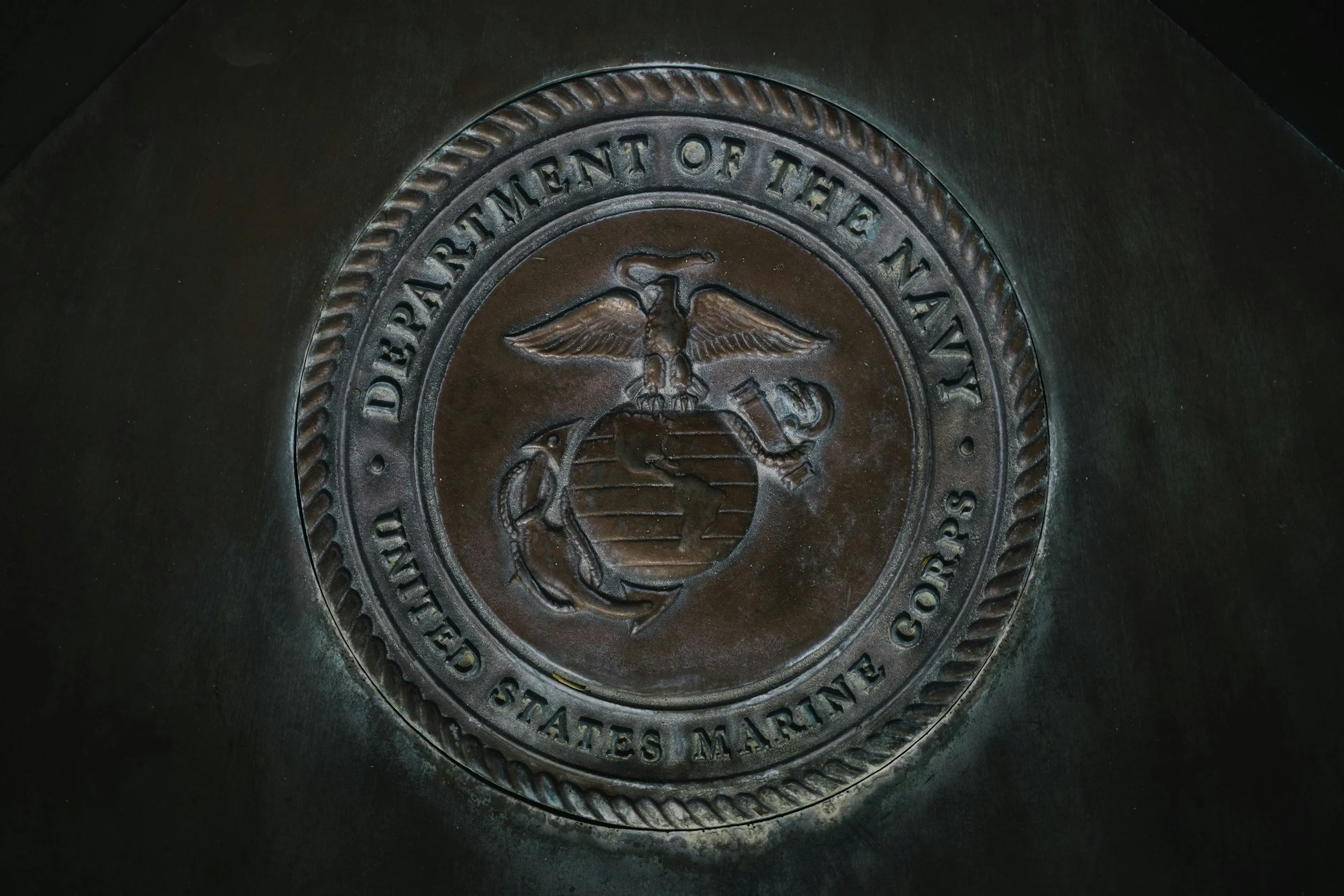 Metal seal of the United States Marine Corps with an eagle, globe, and anchor emblem. Illustrative of a veteran owned and operated firm.