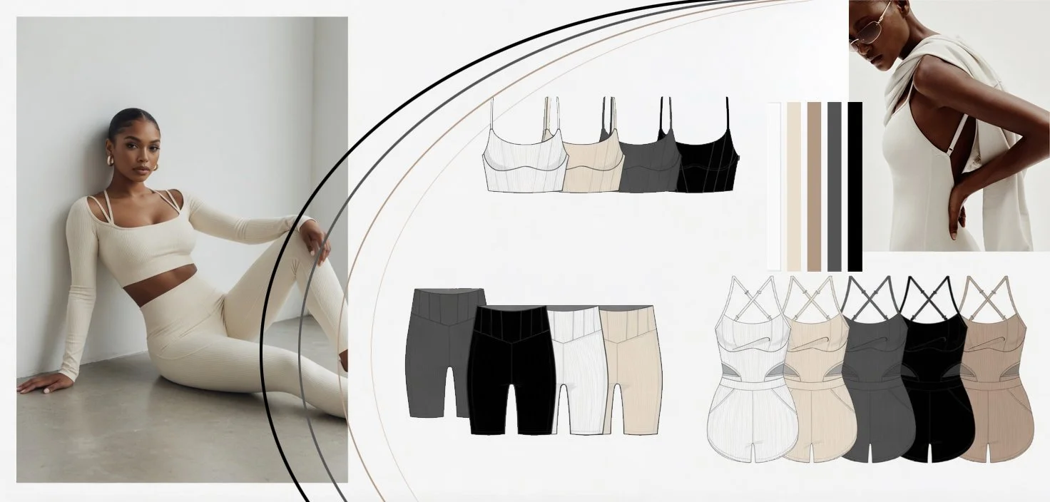 A woman in a beige crop top and matching leggings seated on the floor against a white wall with folded clothing items, including bras and high-waisted shorts, displayed on a graphic design overlay.