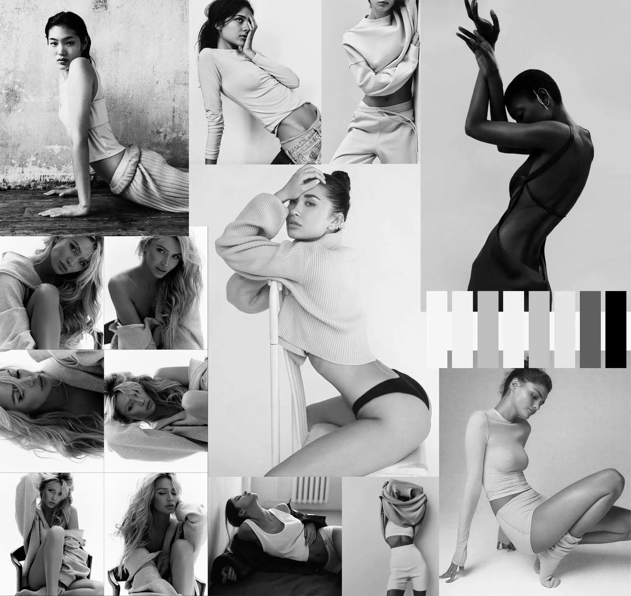 Collage of black and white photos featuring final product from TOP samples in a fashion photoshoot.