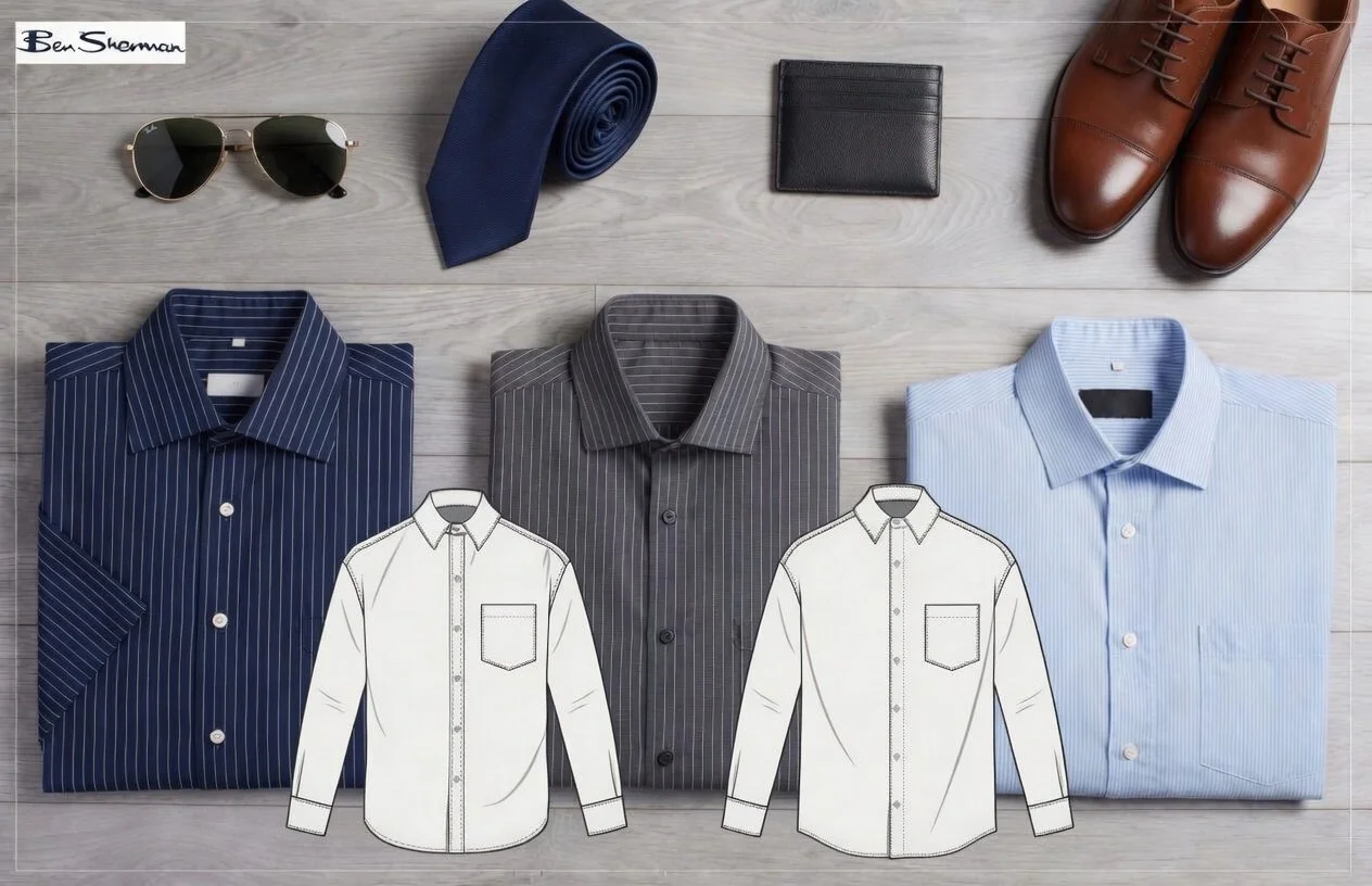 Flat lay of men's accessories and dress shirts, including sunglasses, a navy tie, a black wallet, and leather shoes, arranged on a light wooden surface with two sketches of button-up shirts.