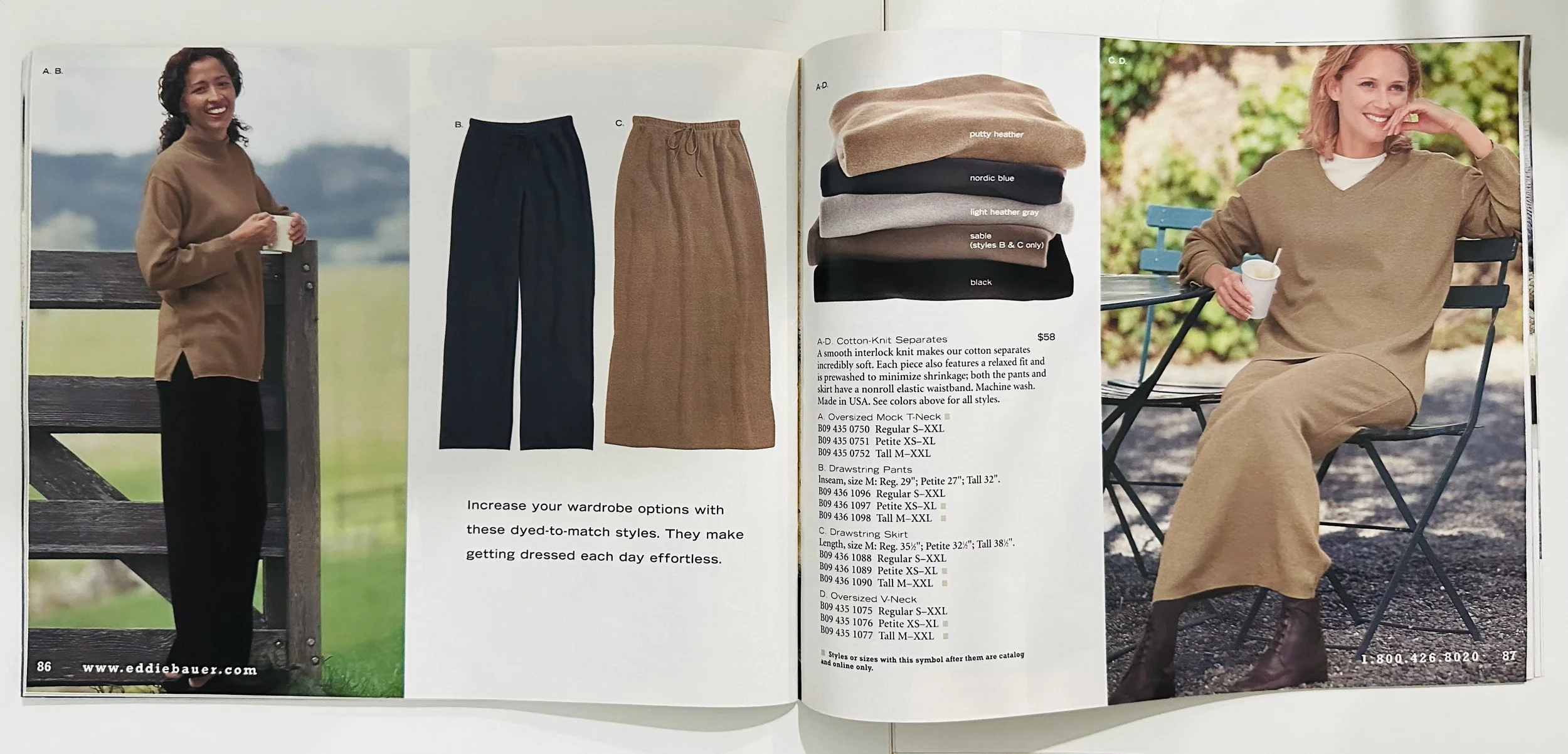 Open magazine showing two women sitting outside, one holding a coffee mug and the other sitting on a bench in front of greenery, with clothing items and color options displayed in the center of the page.