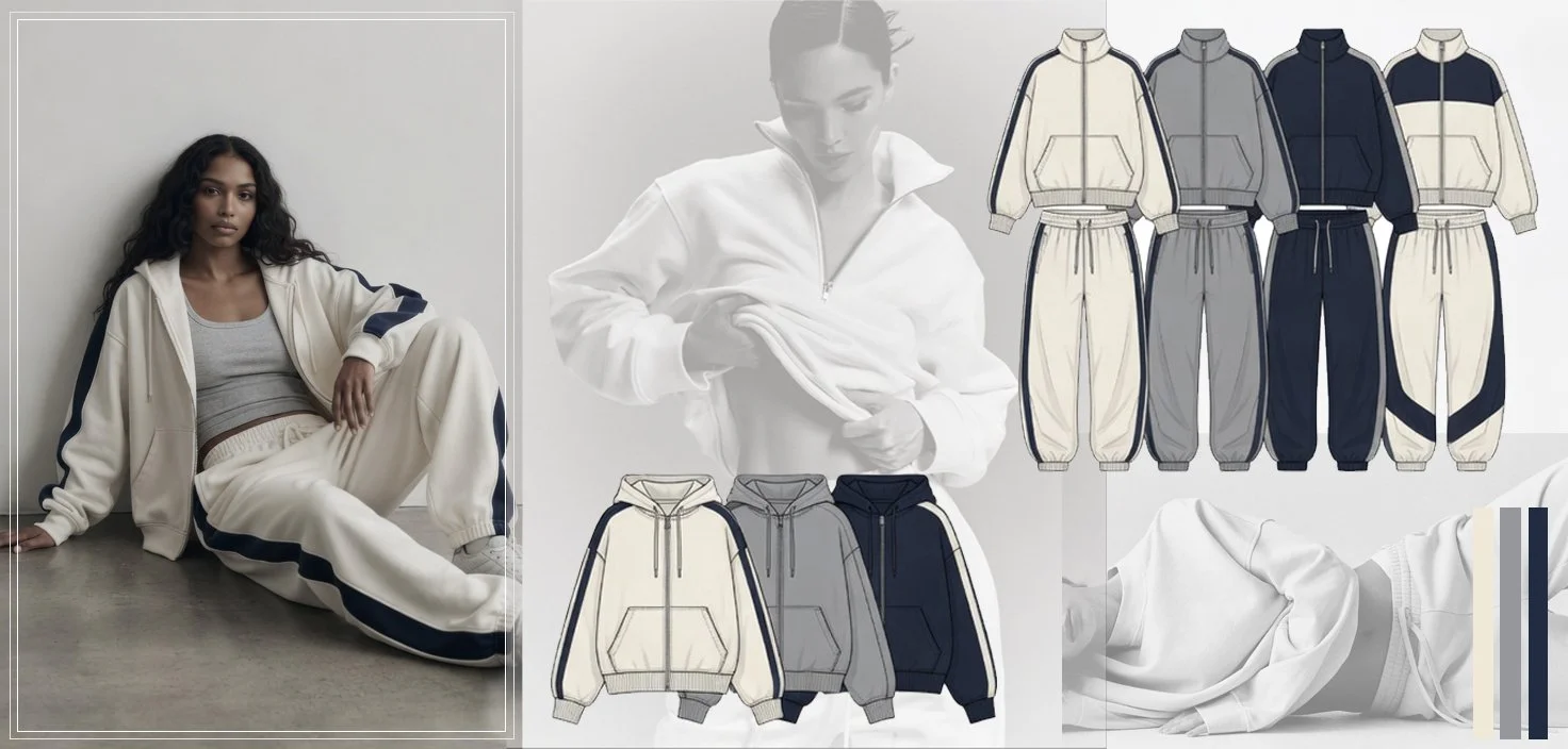 Original athleisure sketches by athleisure director and senior designer Alina. Fashion advertisement showing a woman in a cream-colored athletic tracksuit , sitting on the floor against a plain wall. 