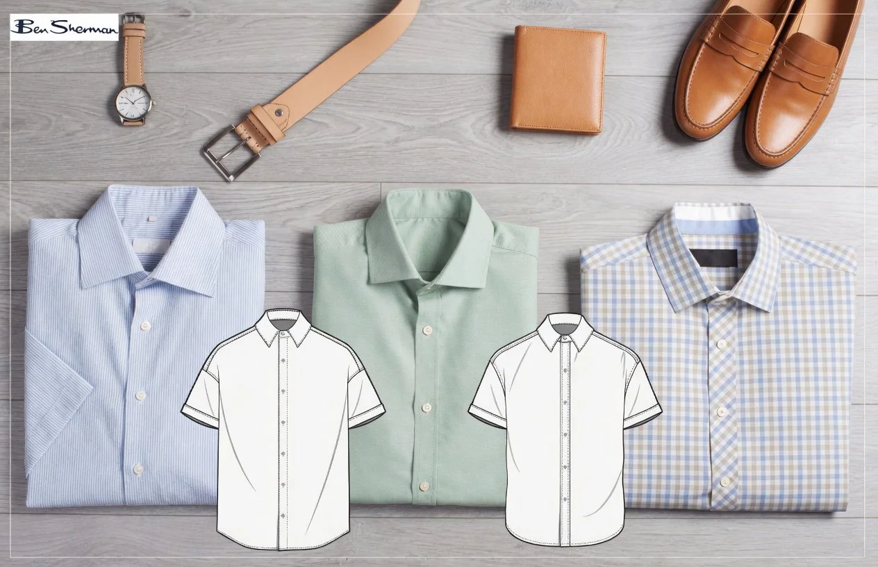 Flat lay of three button-up shirts in blue, green, and plaid pattern, each with a line drawing of a shirt underneath, alongside a watch, belt, wallet, and brown loafers on a wooden surface.