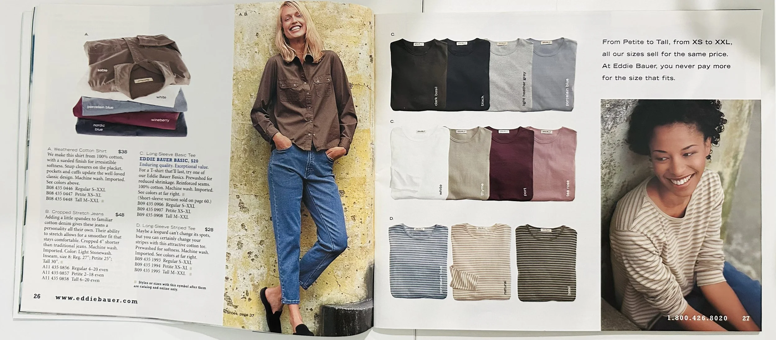 A magazine spread showcasing casual clothing, including folded T-shirts in various colors, a woman wearing a brown shirt and blue jeans smiling, and another woman wearing a striped shirt and smiling, with descriptions and prices of the clothing items