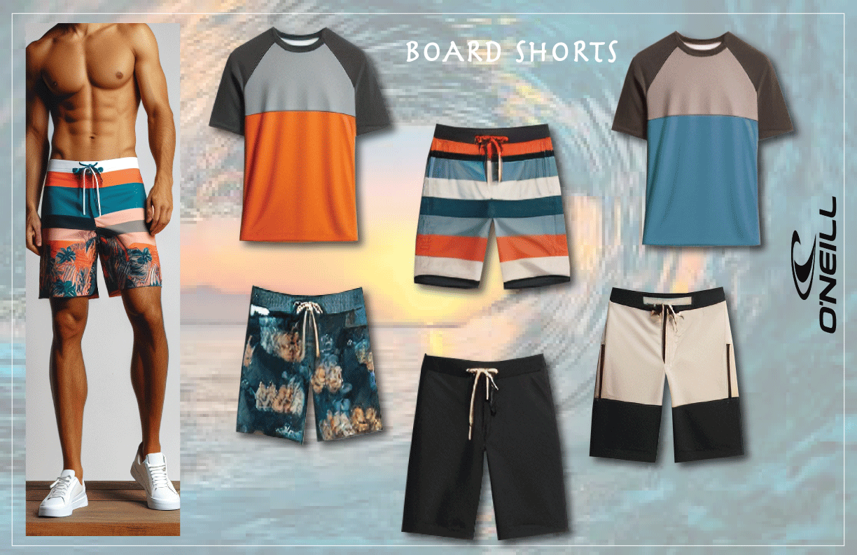 Display of men's board shorts and t-shirts with beach background.