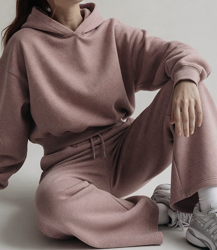Person wearing a matching pink hoodie and sweatpants, sitting on the floor with one knee up, white sneakers, neutral background.