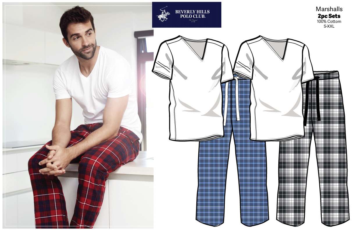 Mass market designs by talented sleepwear director Alina. A man sitting on a kitchen counter wearing a white t-shirt and red plaid pajama pants, with two sets of plaid pajama pants displayed on a graphic next to him.