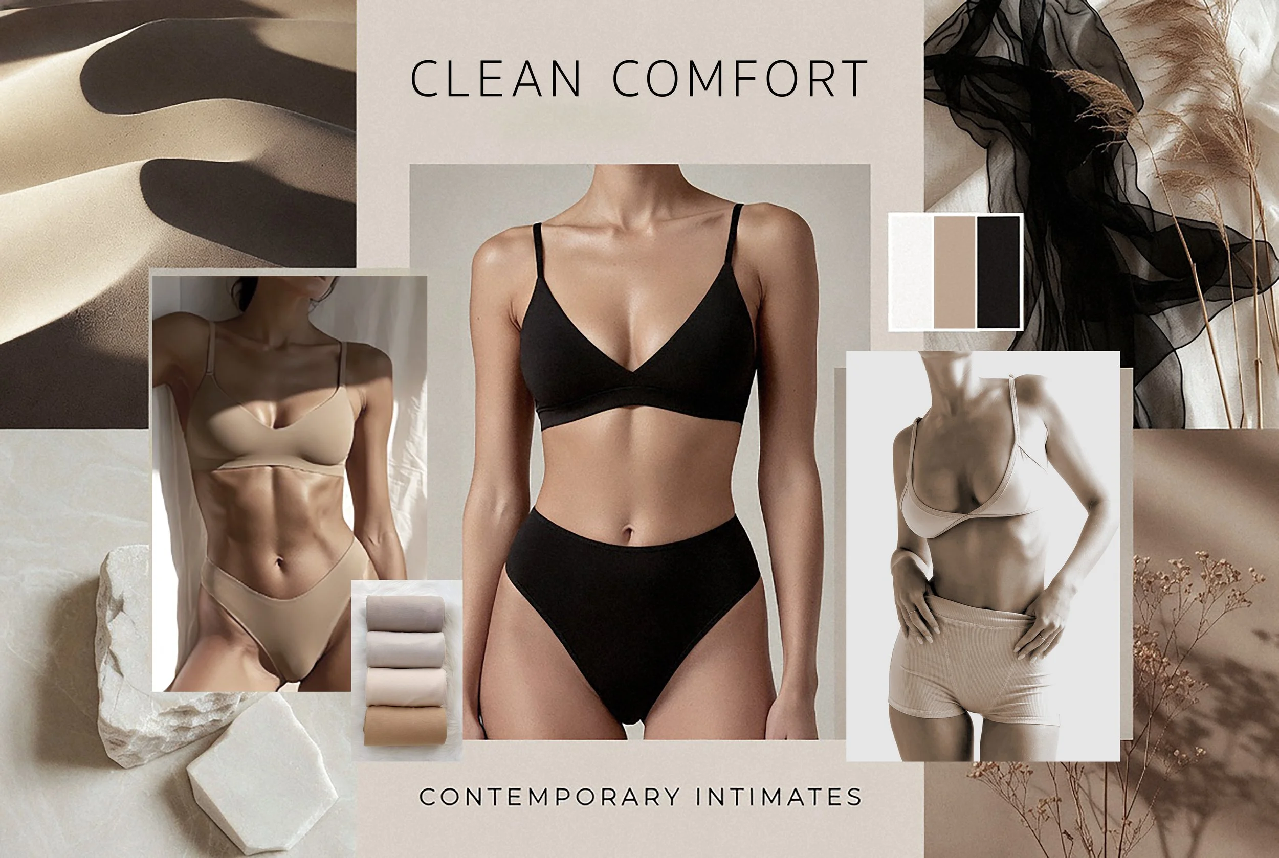 Collage of images showcasing contemporary intimate apparel in neutral tones, featuring models wearing bras and underwear, with a beige and black color palette, minimalistic design, and soft fabric textures, along with decorative elements like rocks, 
