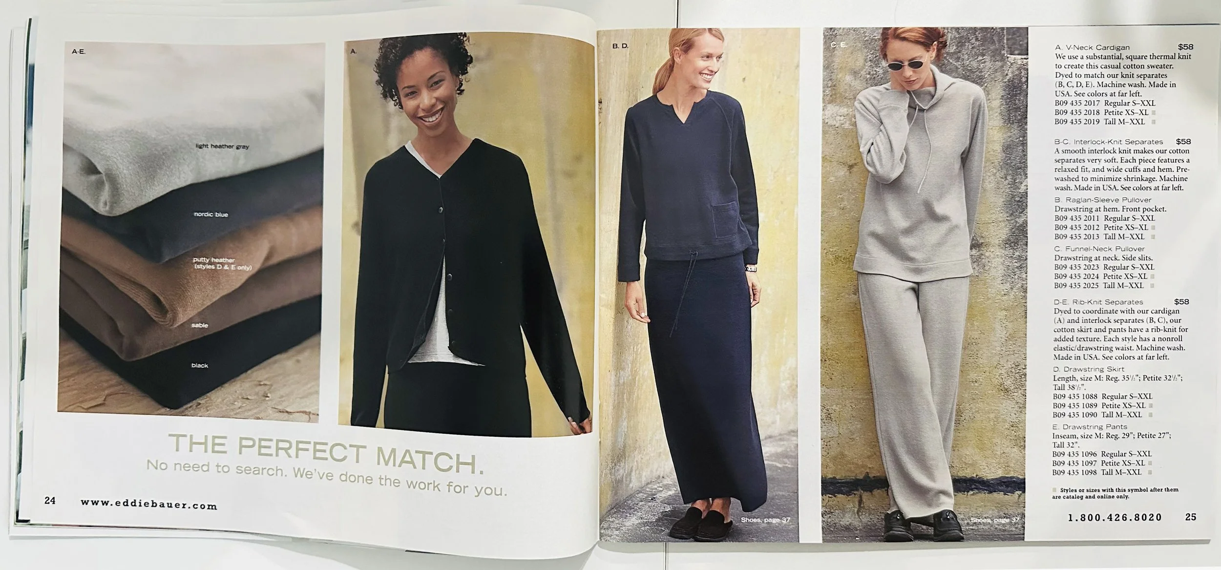 Open magazine spread displaying various women's clothing with images of women modeling outfits and a fabric swatch sample sheet on the left side.