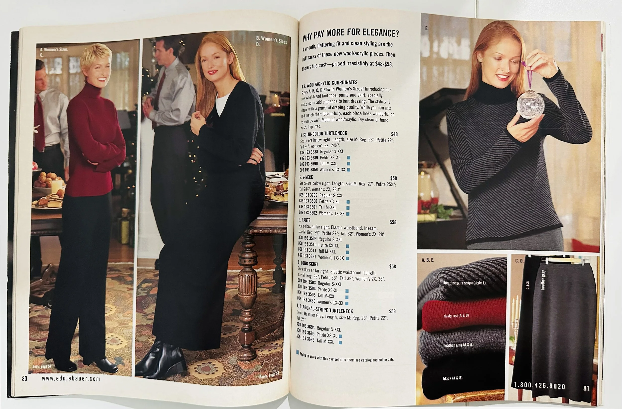 Open magazine pages showing women wearing stylish clothing, including a woman in a black sweater and pants, and to the right, a woman in a black and gray striped turtleneck holding a decorative glass ornament, with Christmas trees and indoor decor in