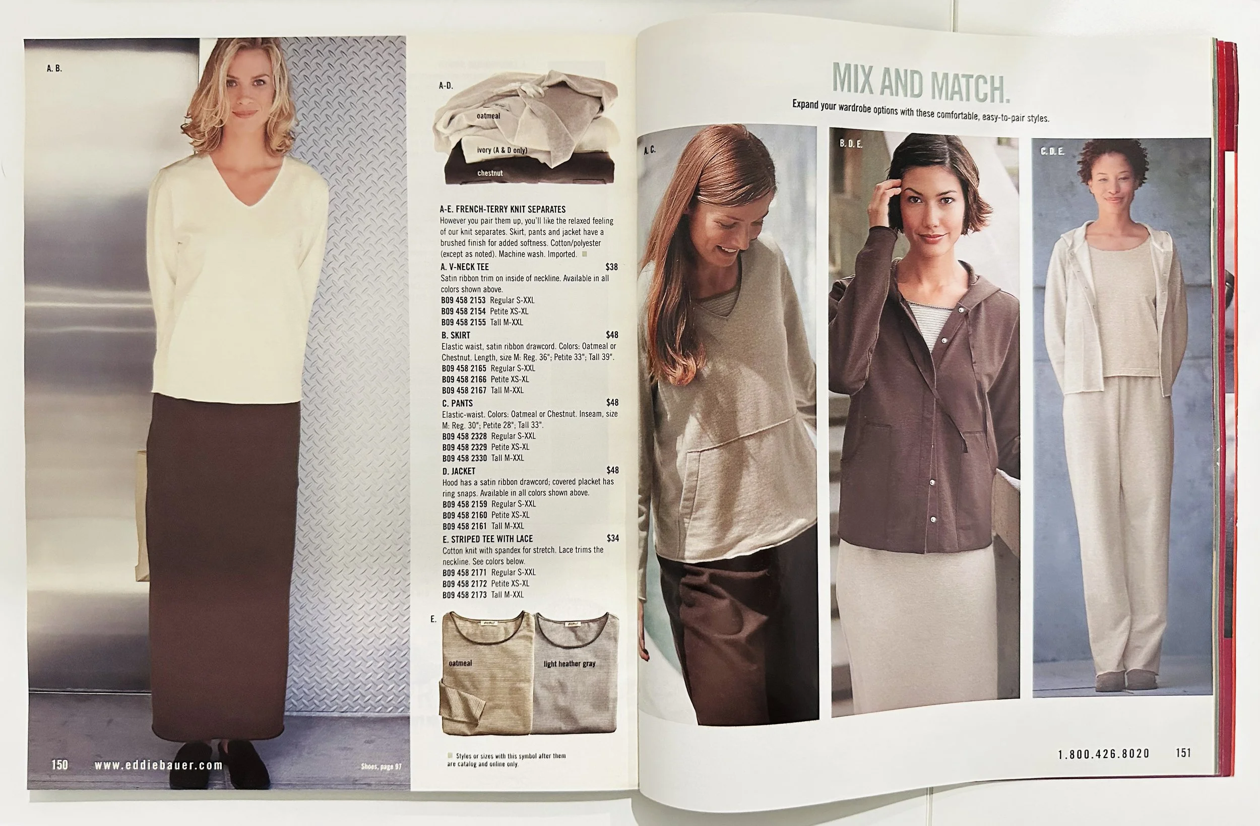 Open fashion catalog showcasing various women's clothing and accessories including sweaters, skirts, pants, and t-shirts. The left page features a woman in a cream V-neck top with a dark skirt. The right page displays three women in different casual 