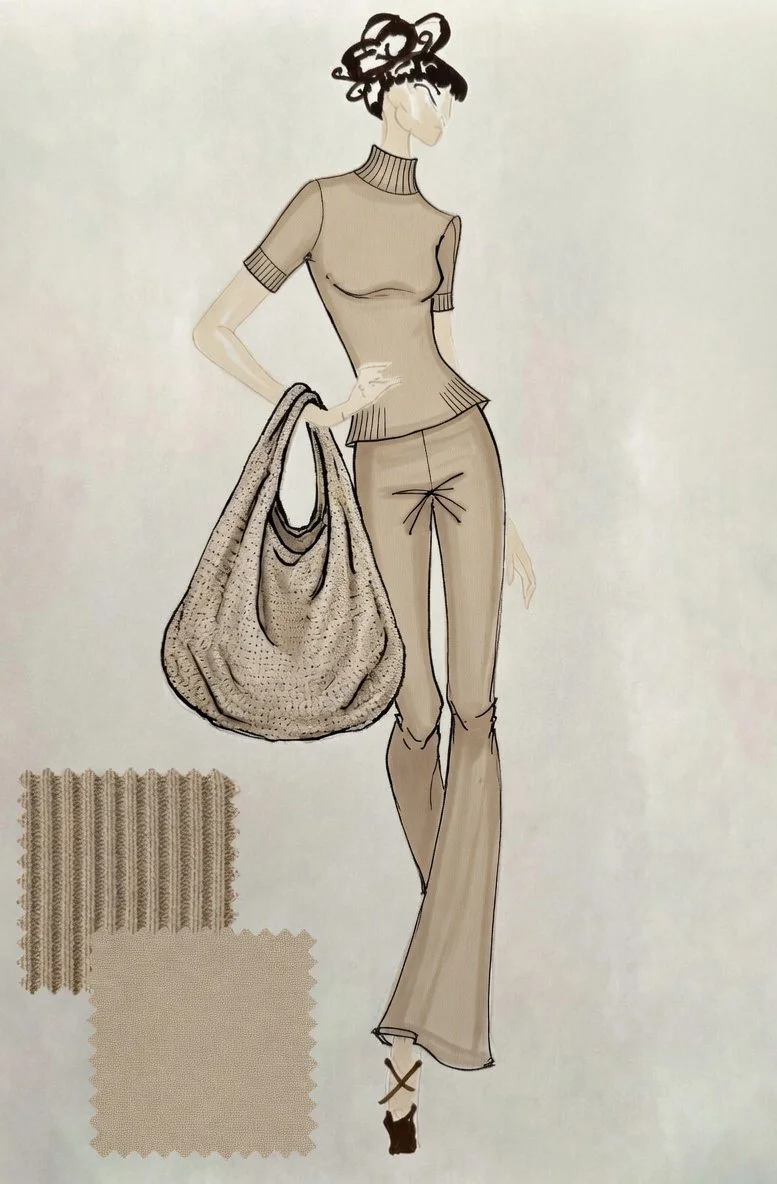Mass market designer. Original work. Fashion Illustration college adjunct professor.