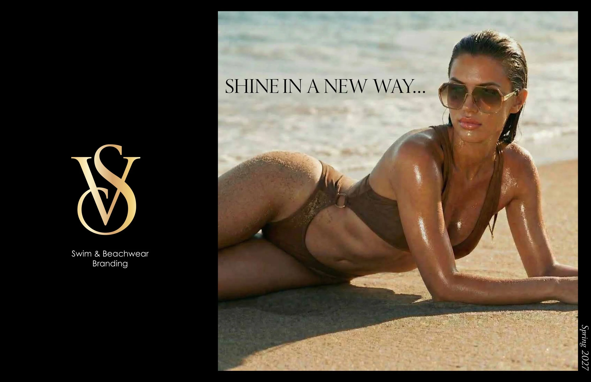 A woman in a brown swimsuit and sunglasses lying on sand at the beach with the text 'Shine in a new way...' and a logo for swim and beachwear branding.