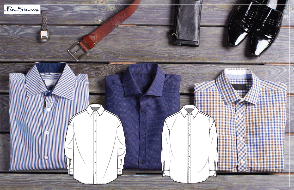 Three folded men's dress shirts in blue, navy, and checkered patterns, with illustrations of shirt outlines below each, arranged on a wooden surface along with accessories including a watch, belt, wallet, and shiny black shoes.