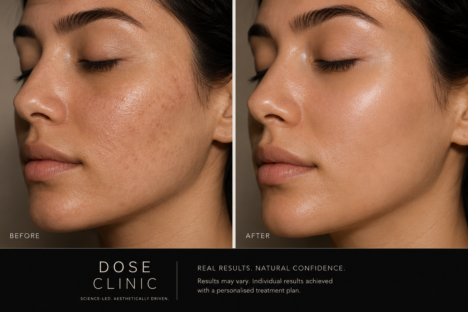 Before and after comparison of woman's face showing improved skin texture:
Before and after skin results at Dose Clinic Brisbane | PRF Microneedling regenerative treatment West Village West End