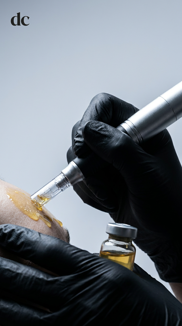 Person in black gloves using device on skin:
Regenerative skin treatment performed by lead dermal therapist Ashley at Dose Clinic Brisbane West Village