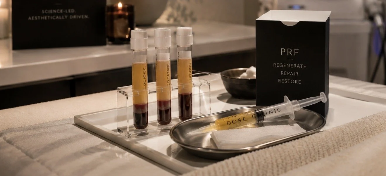 PRF vials and skincare products on white counter:
PRF Platelet Rich Fibrin vials and regenerative skincare products at Dose Clinic Brisbane West End