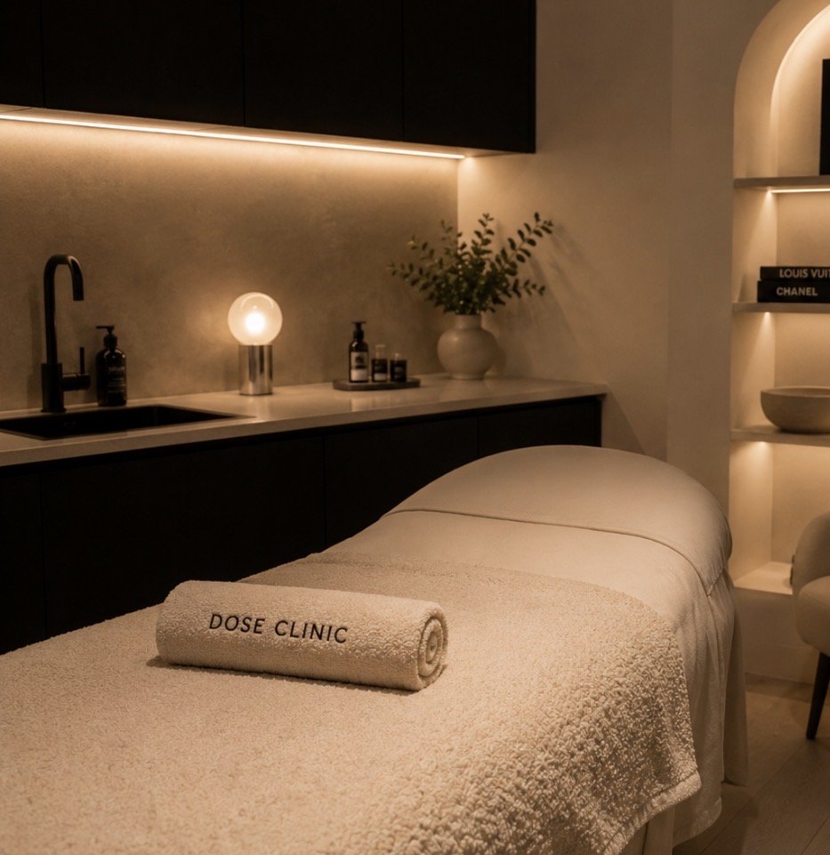 Dose Clinic treatment room with massage table and soft lighting:
Dose Clinic treatment room West Village West End Brisbane | Warm welcoming skin and scalp regeneration clinic