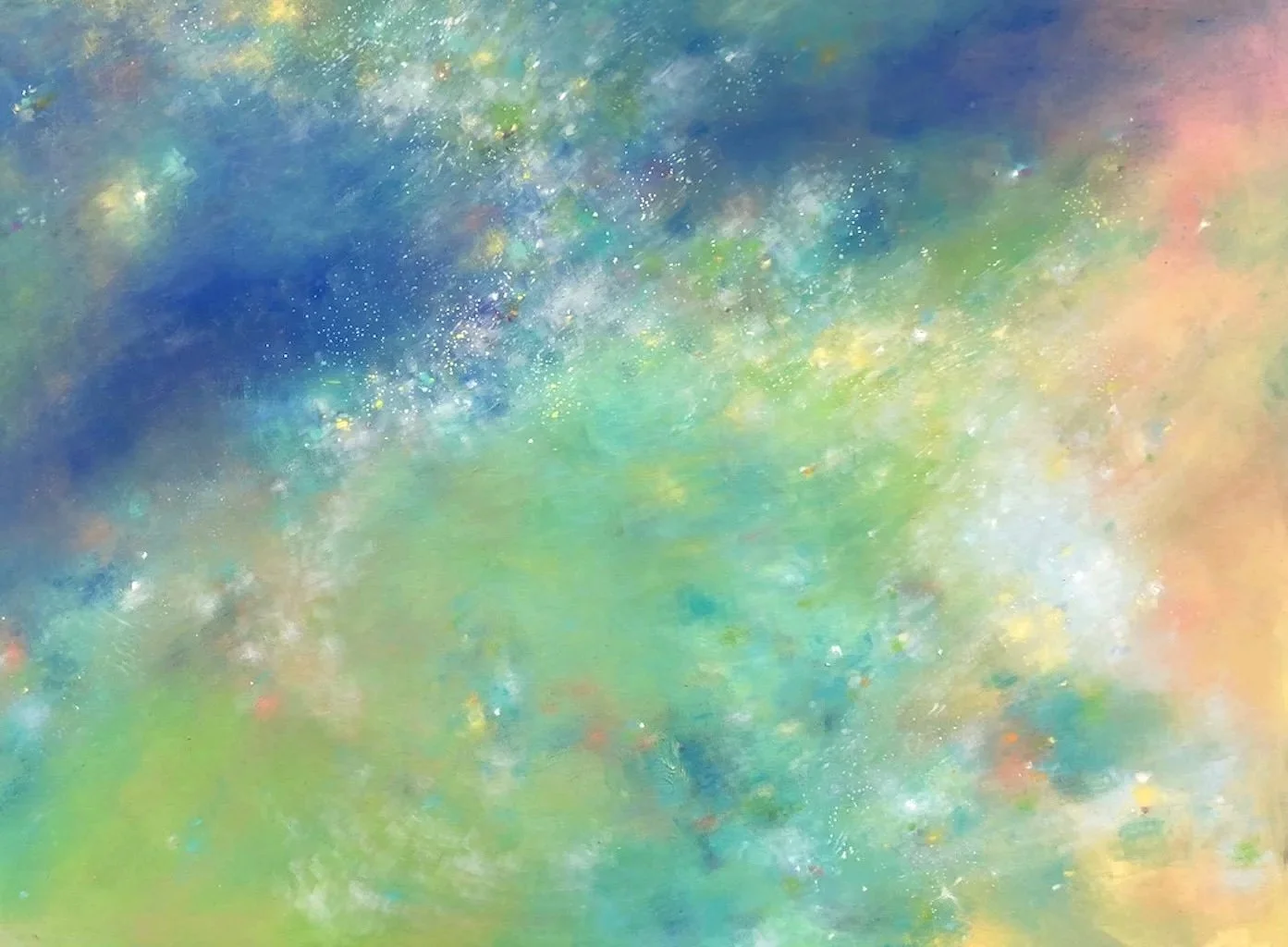 Abstract of a colorful galaxy with blue, green, yellow, and pink hues with sparkling star-like dots.