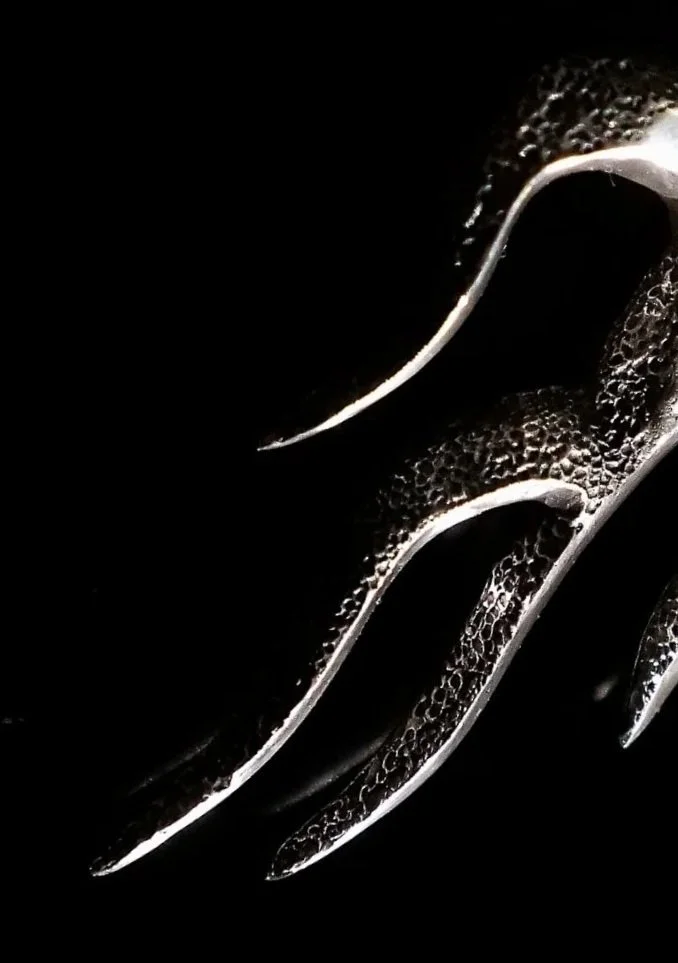 Close-up of a metallic claw with droplets of water on it, set against a black background.