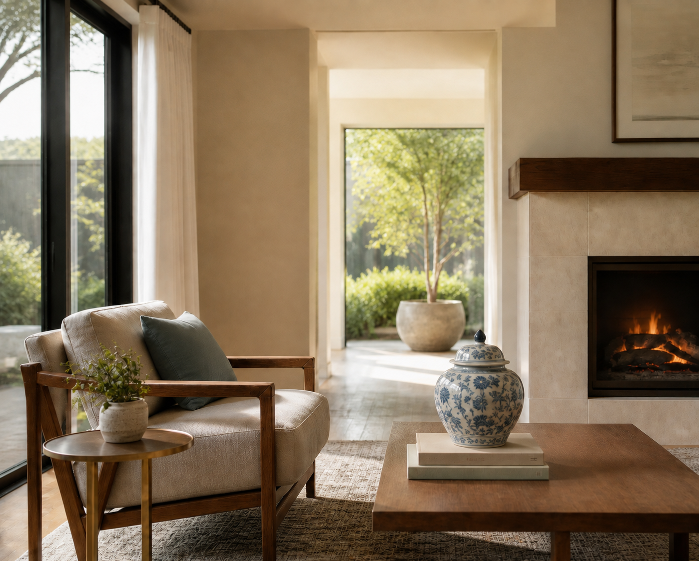 Elegant living room with a blue-and-white ginger jar representing a residential Feng Shui consultation