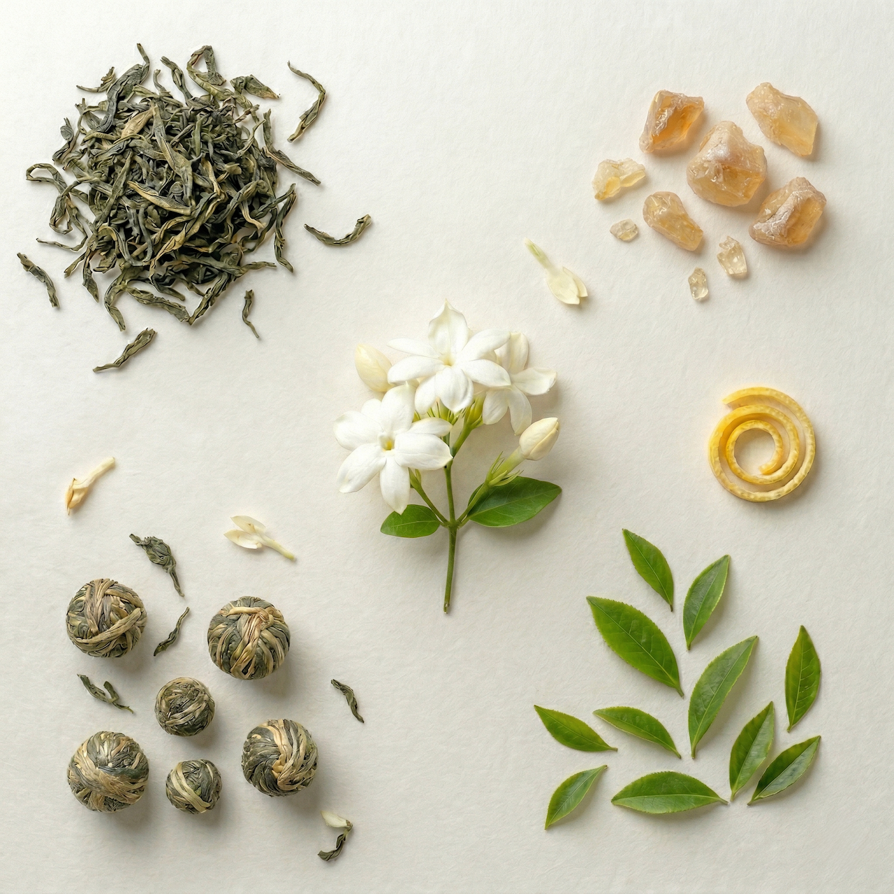 Arrangement of tea ingredients including dried tea leaves, white jasmine flowers with buds, benzoin resin, spiral lemon rind, tea balls, small white petals, and green tea leaves on a white background.