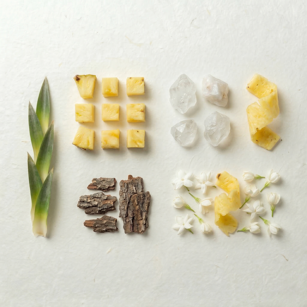 Arrangement of ingredients including pineapple chunks, white crytals, wood bark, jasmine blossoms, and green pineapple leaves on a white surface.
