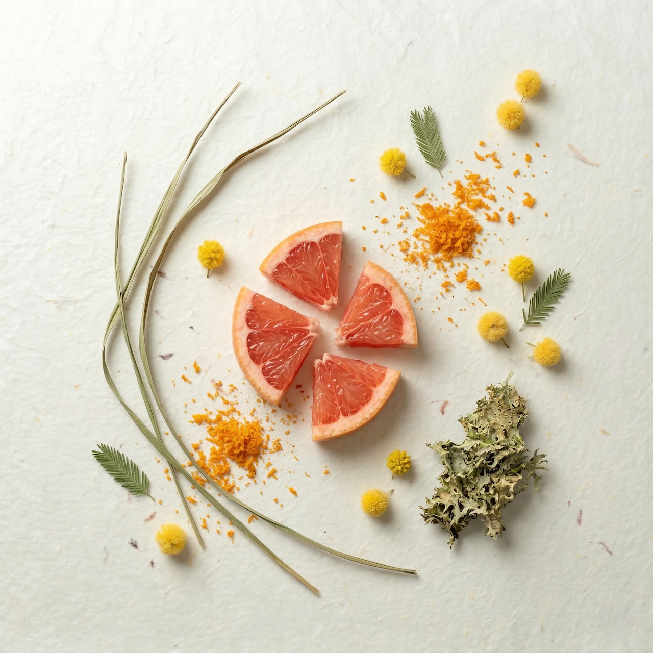 Arrangement of grapefruit slices, yellow mimosa flowers, vetiver leaves, and shredded orange zests on a light background.