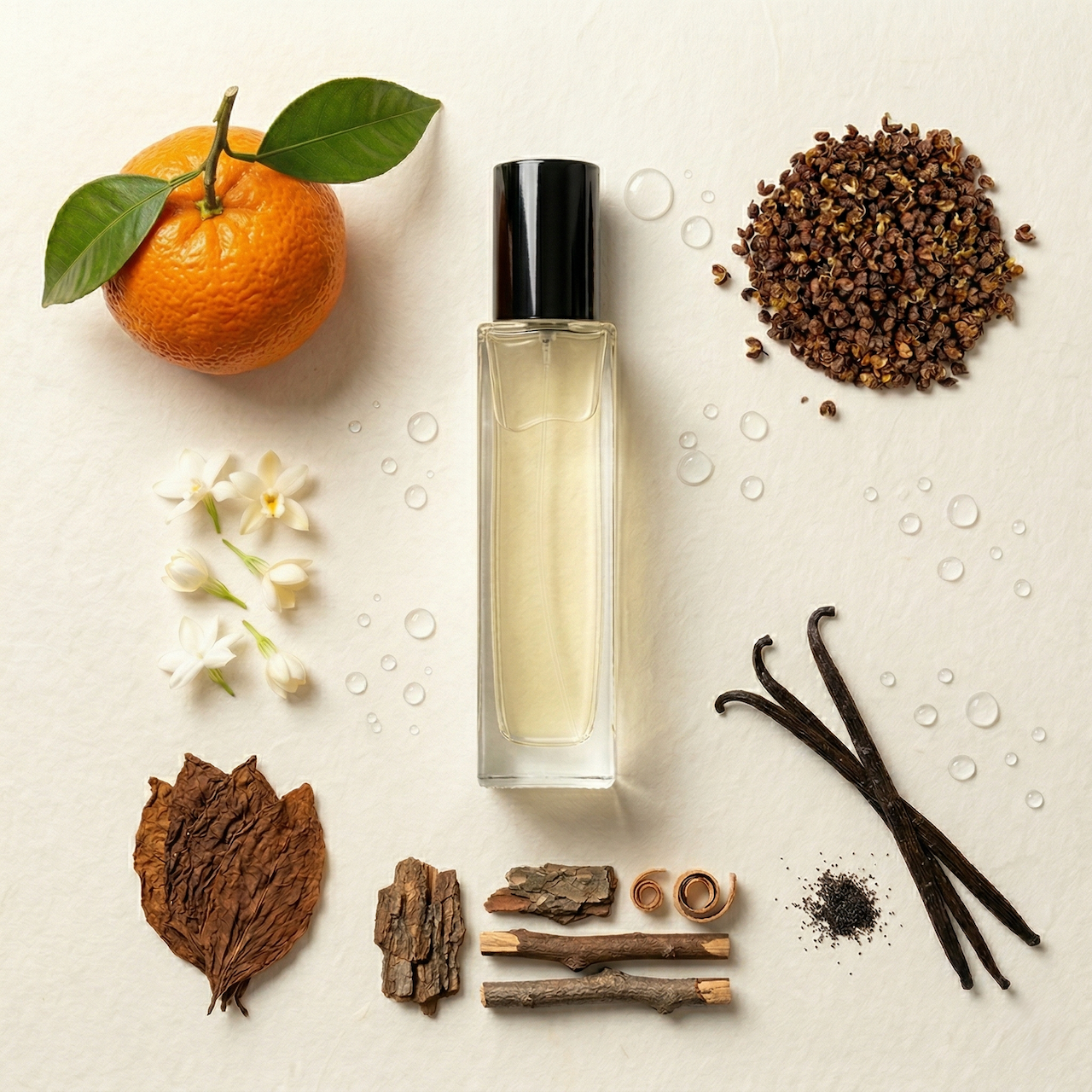 Spring Afternoon perfume bottle surrounded by natural ingredients including an mandarin with leaves, white flowers, dried tobacco leaves, wood barks, vanilla beans, dried jasmine buds, and Szechuan peppercorns.