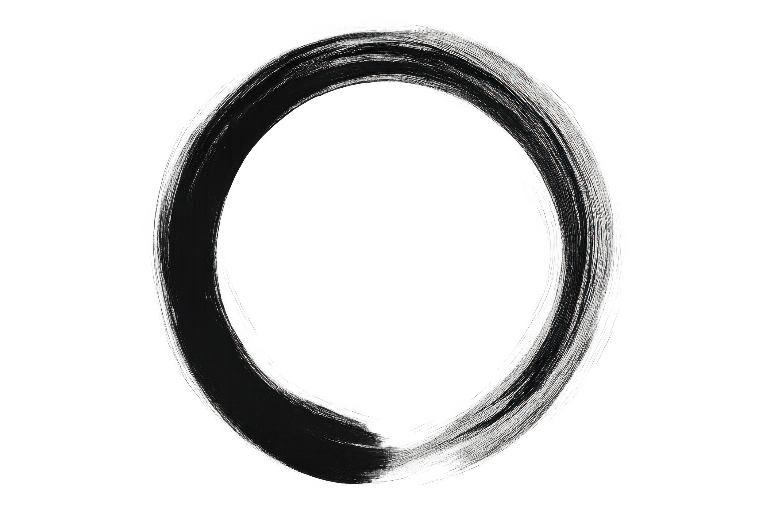 A black ink brushstroke forming an incomplete circle or enso on a white background.