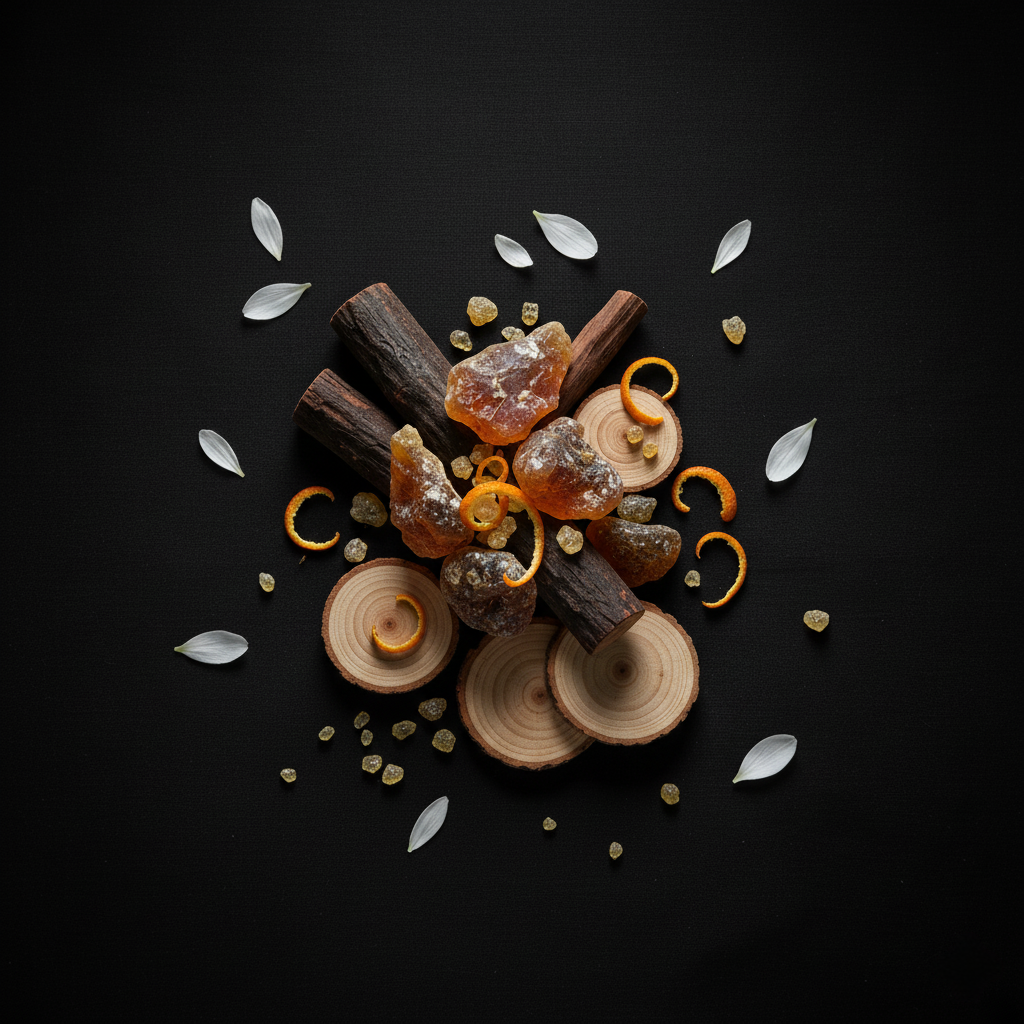 Arrangement of cinnamon sticks, rock sugar, orange peels, sliced wood slices, and white flower petals on a black background.