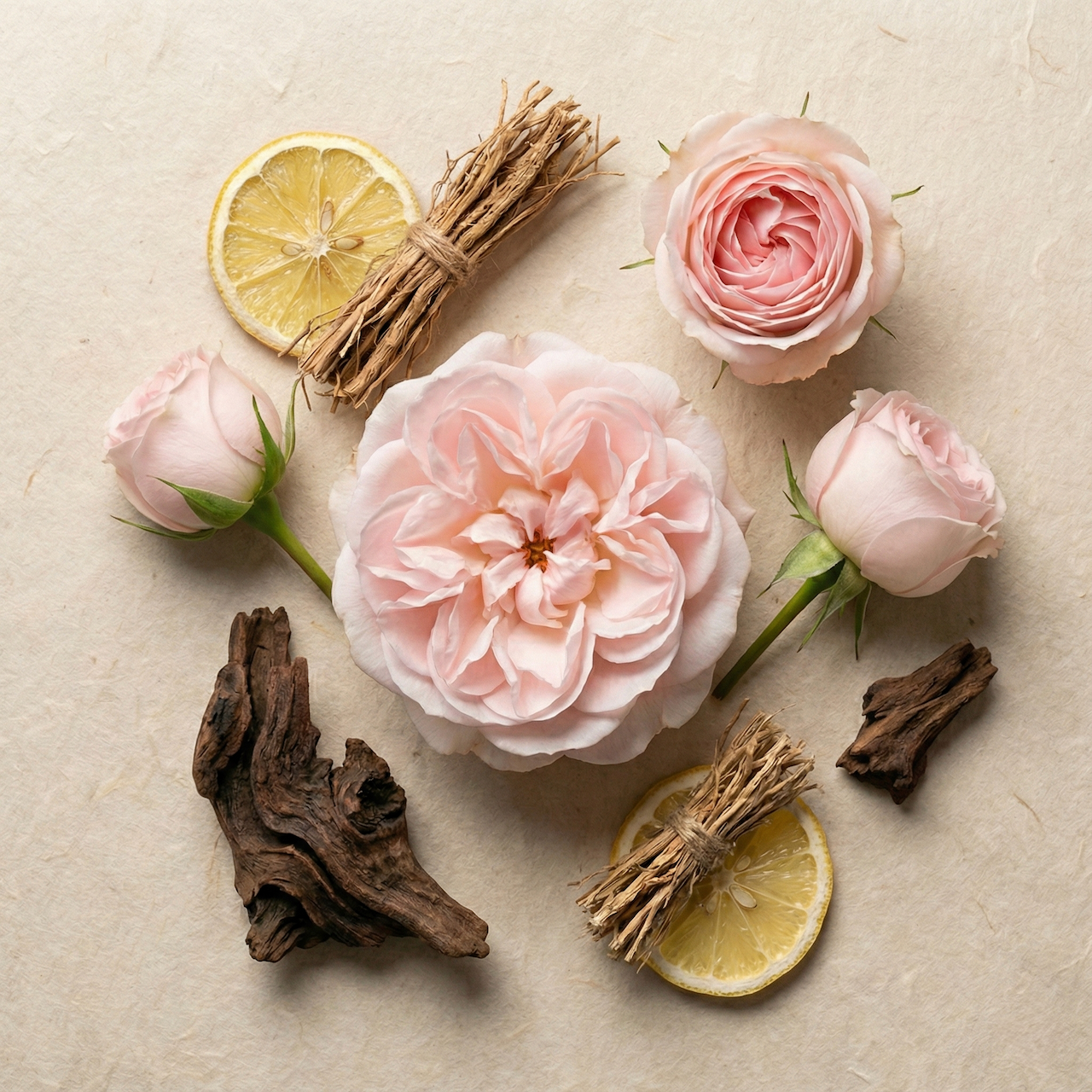 Arrangement of pink roses, lemon slices, dried driftwood, and bundles of straw on a beige surface.