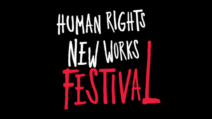 Text reading 'Human Rights New Works Festival' in white and red lettering on a black background.